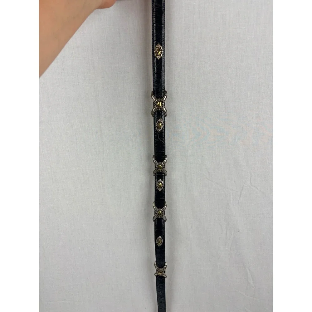 Brighton Black Croc Embossed Leather Western Concho Belt Silver Gold Size M 30